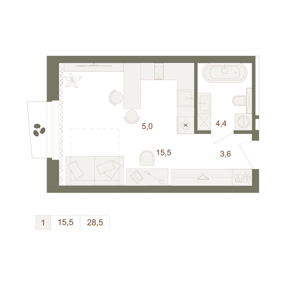 1 комнатная квартира 28.5кв.м.