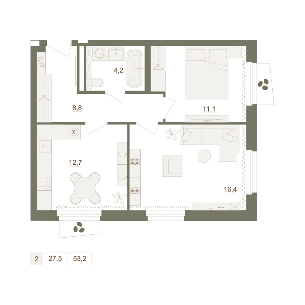 2 комнатная квартира 53.2кв.м.