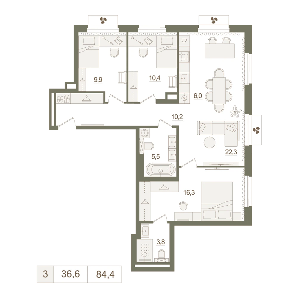 3 комнатная квартира 84.4кв.м.