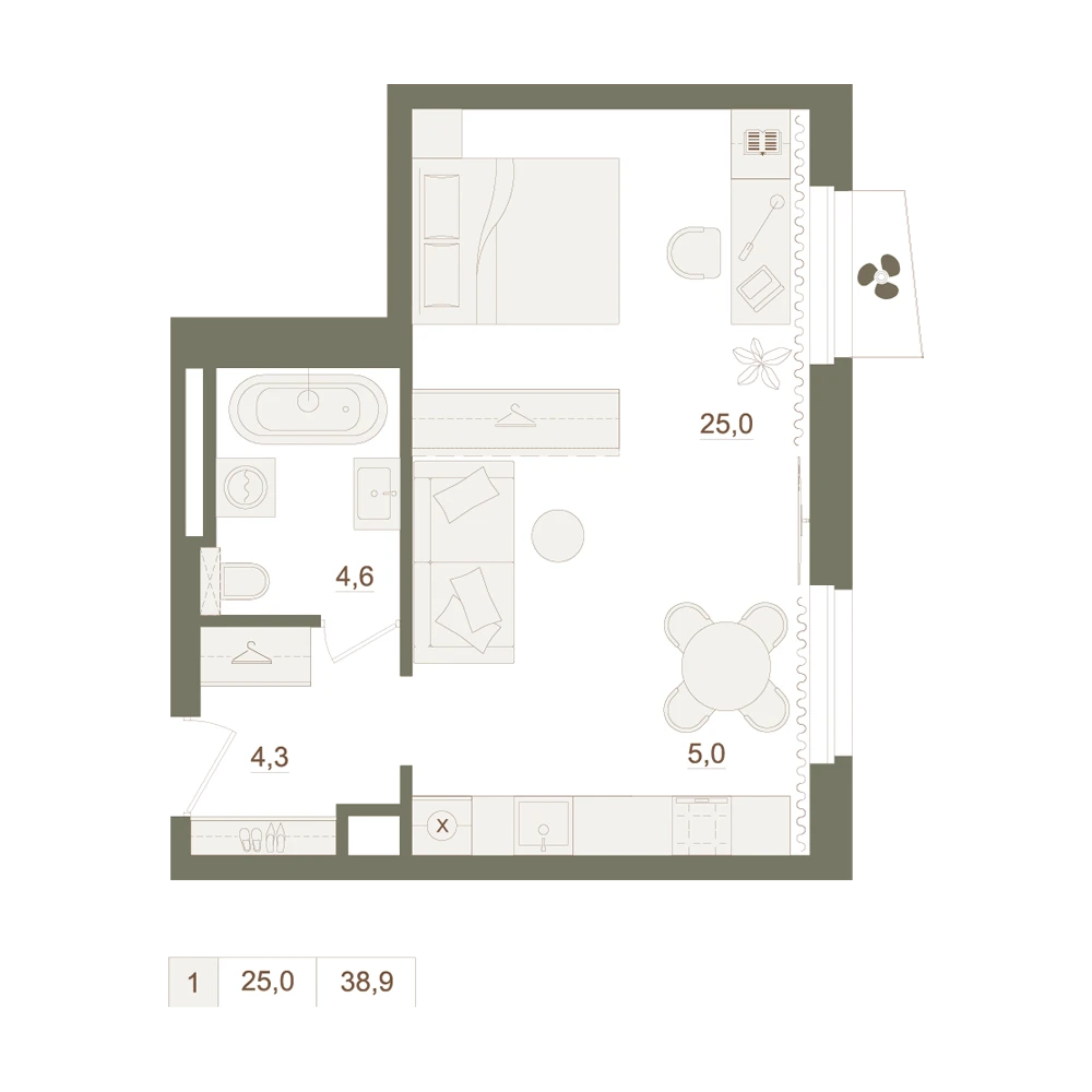 1 комнатная квартира 38.9кв.м.