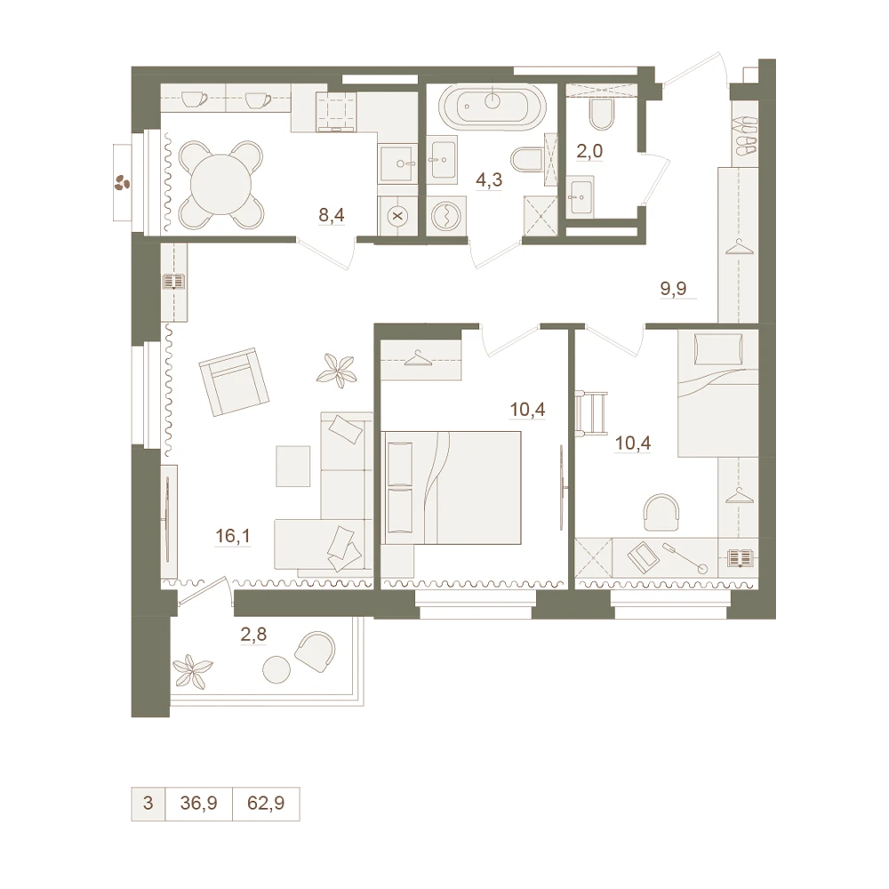 3 комнатная квартира 62.9кв.м.