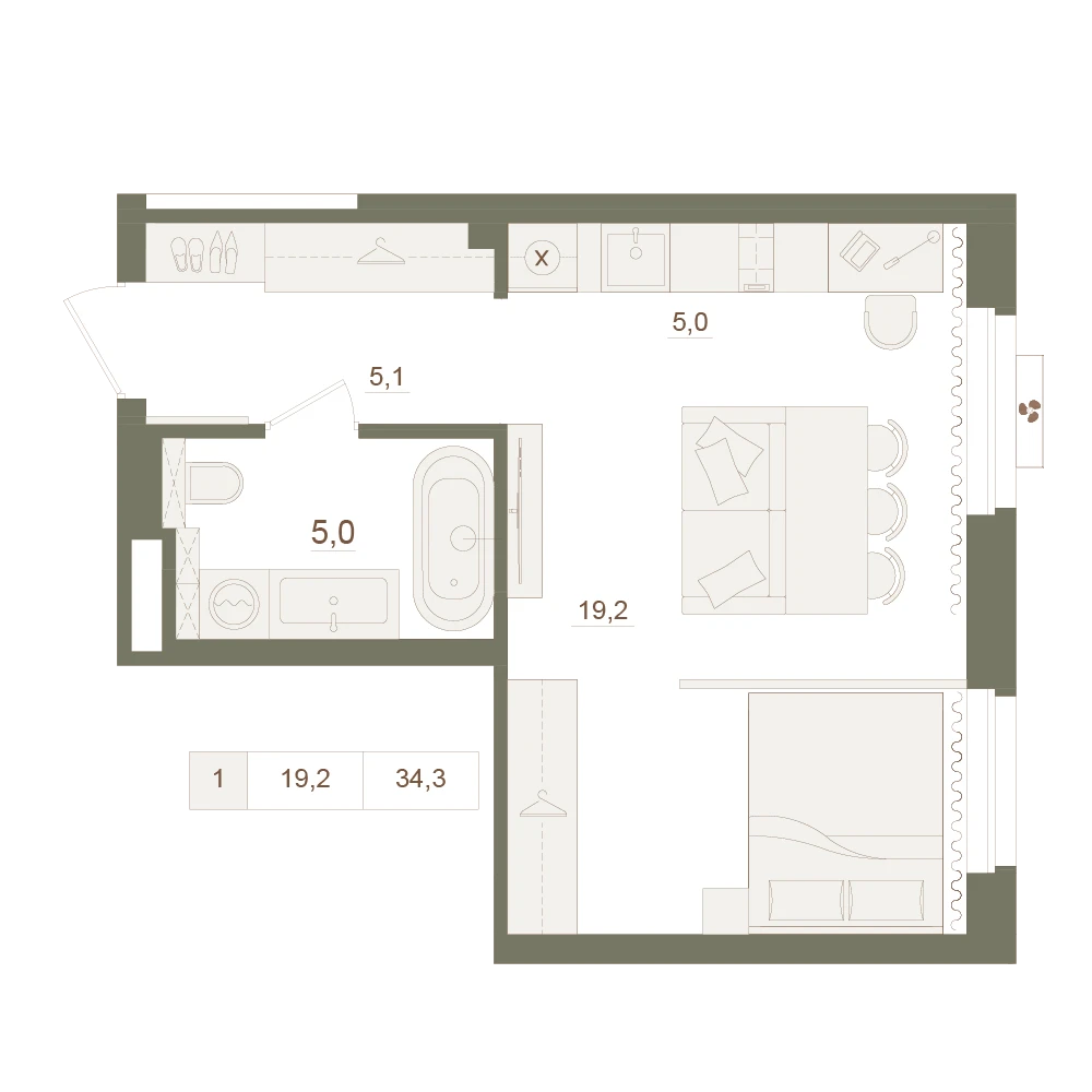 1 комнатная квартира 34.3кв.м.