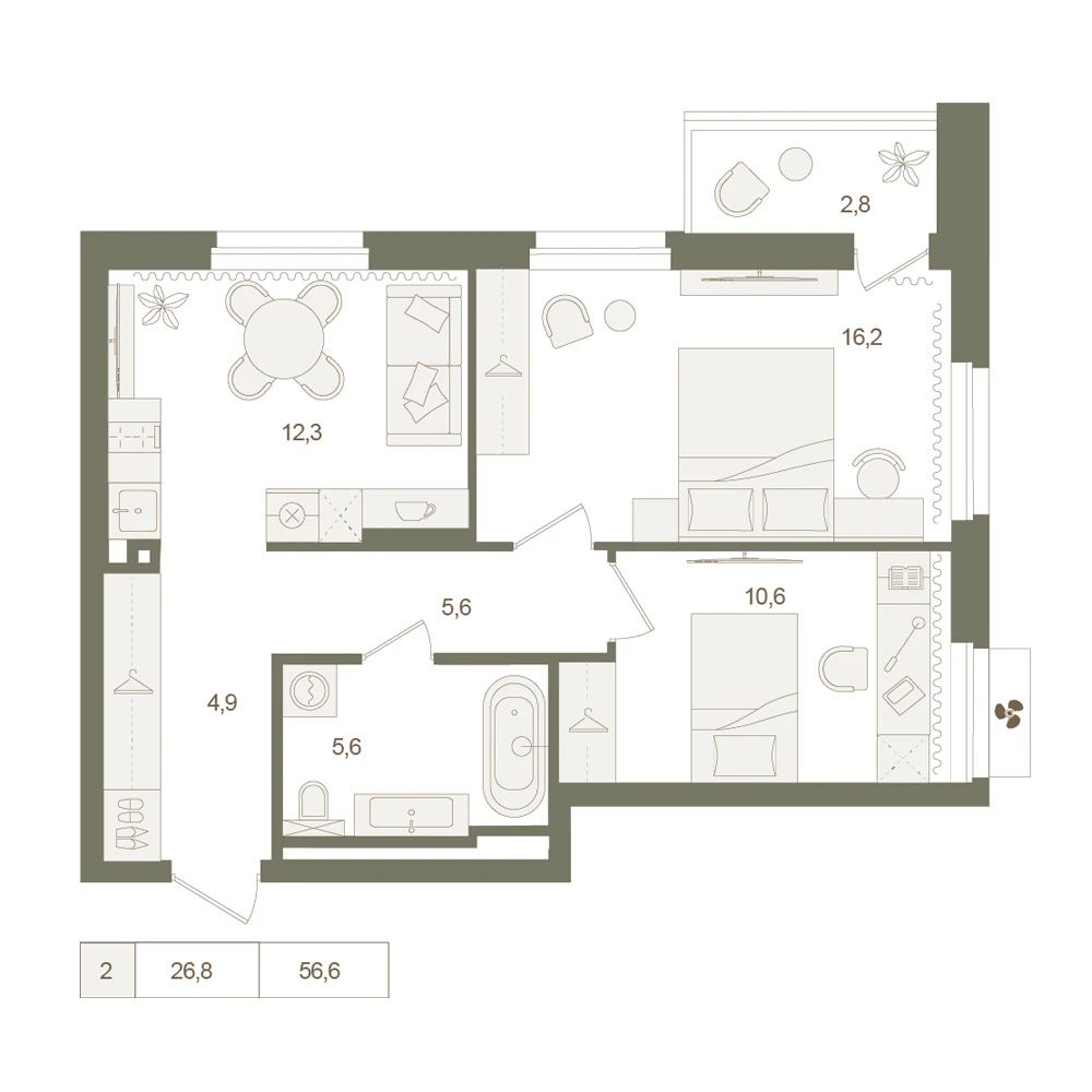 2 комнатная квартира 56.6кв.м.