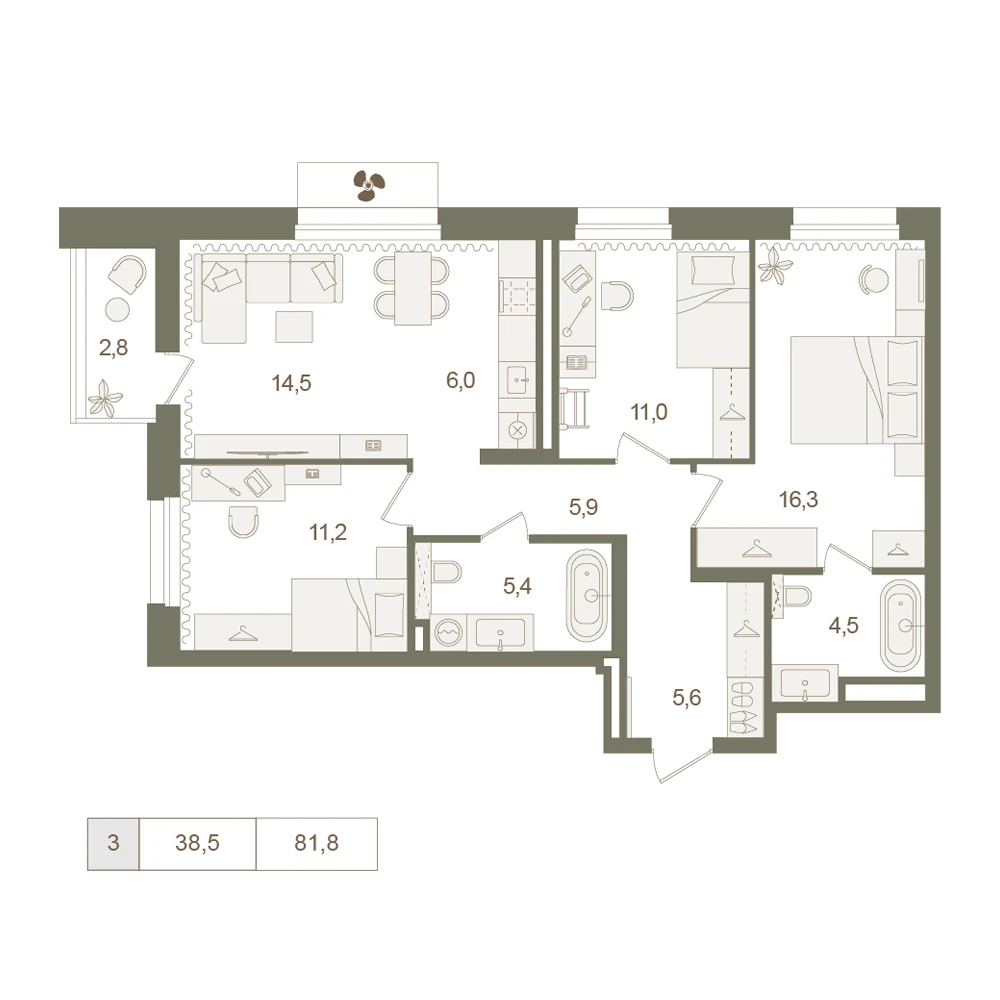 3 комнатная квартира 81.8кв.м.