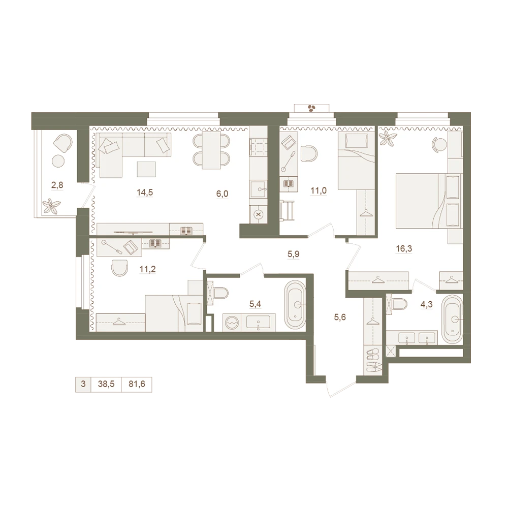 3 комнатная квартира 81.6кв.м.