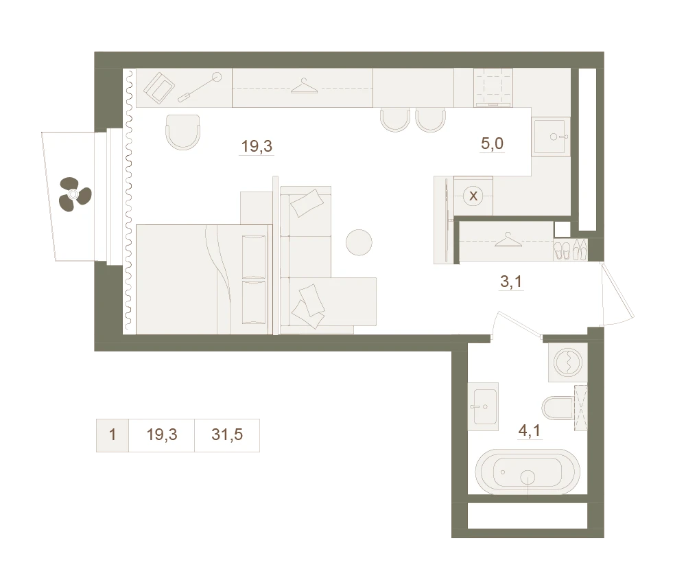 1 комнатная квартира 31.5кв.м.