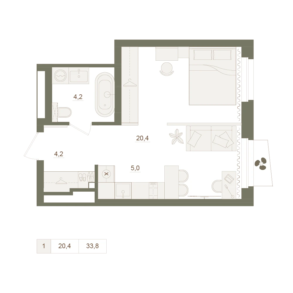 1 комнатная квартира 33.8кв.м.