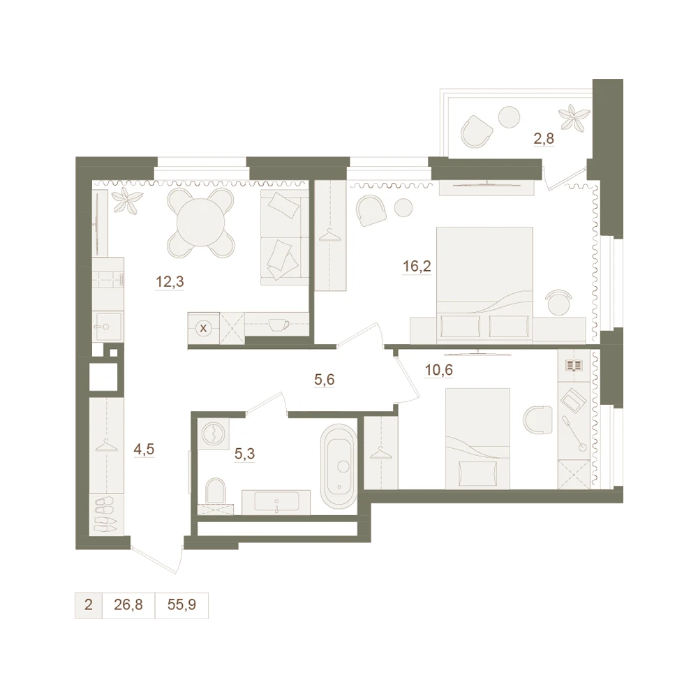 2 комнатная квартира 55.9кв.м.